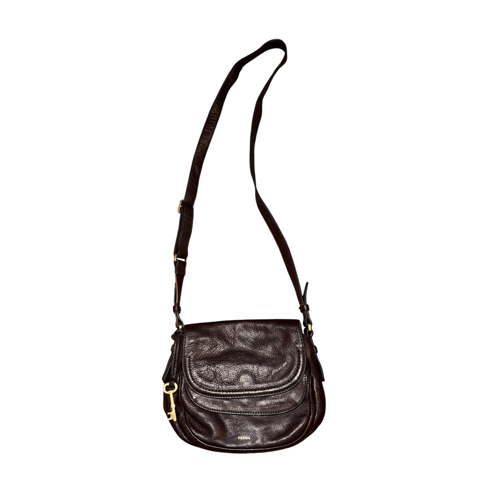 Fossil Crossbody Bag Womens Small Brown  Pebbled Leather Saddle Flap Key